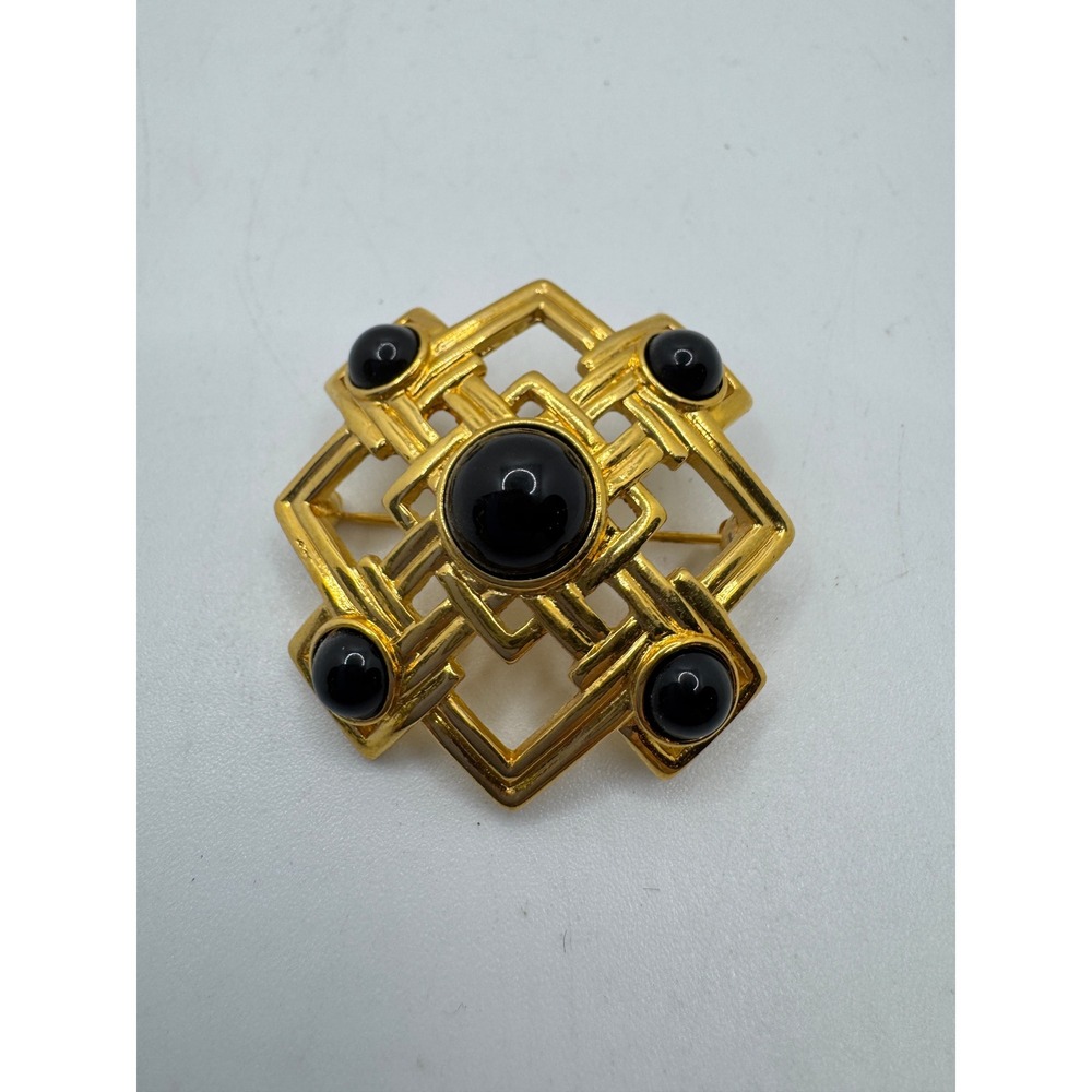 Vintage Monet Gold Tone Black Cabochon Geometric Openwork Brooch Pin Art Deco
